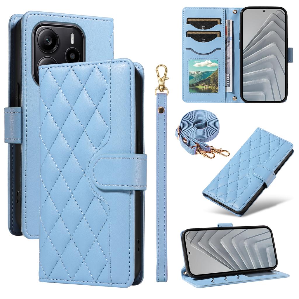 For Xiaomi Redmi Note 14 4G (164.84x78.15x8.16mm) Wallet Case Rhombus Leather Phone Cover with Strap