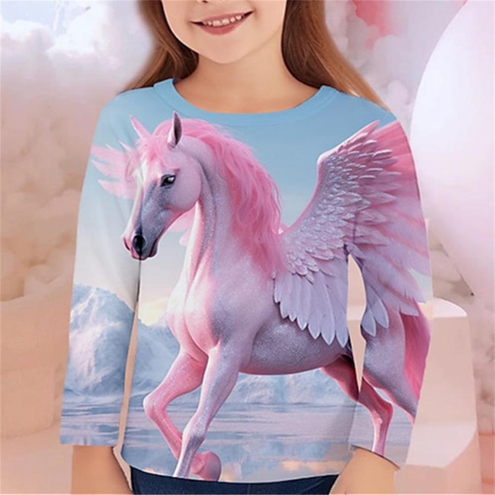 Одежда для девочек Футболки с рисунком лошади Детский топ с длинным рукавом 2024 года Летняя детская футболка для девочек Детская одежда Футболки для девочек
