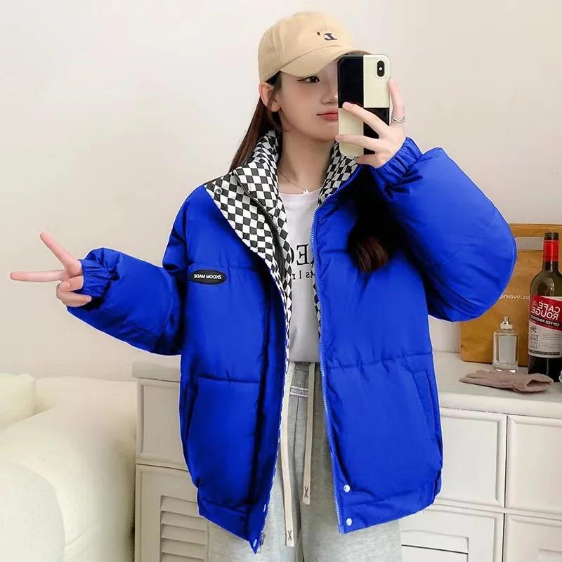 Winter Checkered Down Cotton Jacket Women Zipper Loose Padded Coat Solid Thickening Warm Puffer Parkas Jackets Short Style Forest Style Bread Jacket
