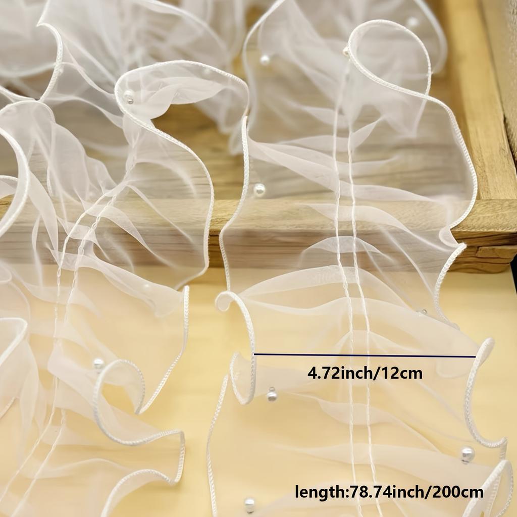 1 рулон 78,74 дюйма 4,72 дюйма Плотная плиссированная бисерная кружевная лента из снежной пряжи Цветочная упаковочная лента Лента для букета Блестящая жемчужная волнистая лента из тюля