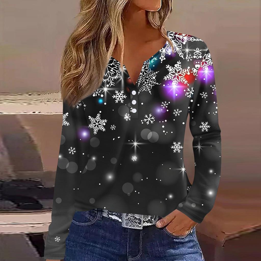 Женская футболка с рождественским принтом на пуговицах с длинным рукавом, повседневная, выходного дня, модная, базовая, с V-образным вырезом, обычная