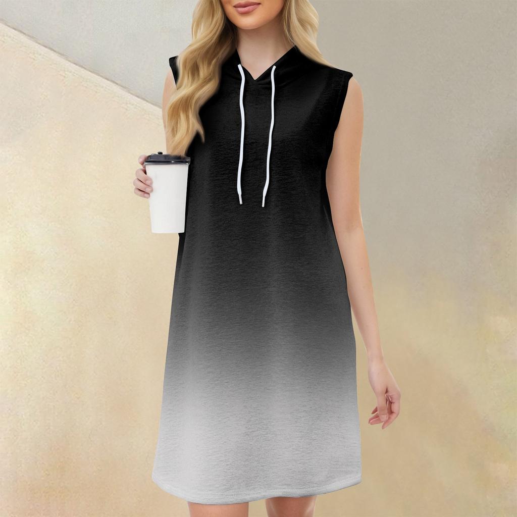 Women's Casual Fashion Round Neck Sleeveless Print Hooded Drawstring Dress