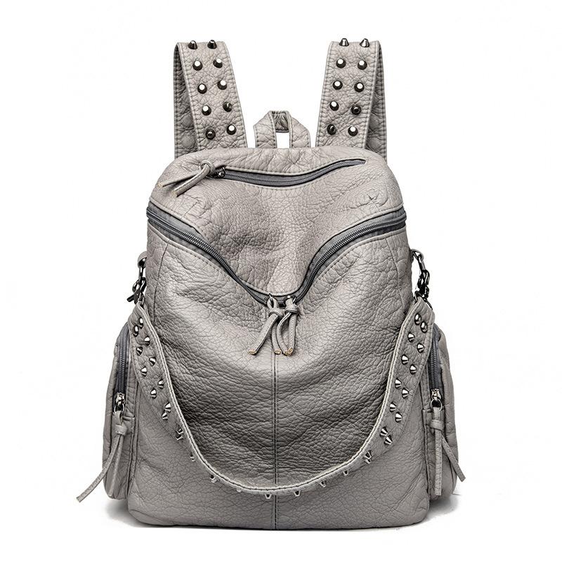 Women'S Bag, Premium Feeling Rivet, Washed Leather Backpack, Solid Color Soft-Faced Backpack, Large-Capacity Schoolbag, And Oversized.