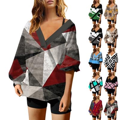 Женская мода V-образный вырез длинный рукав принтованный свободный пуловер свитшот топ