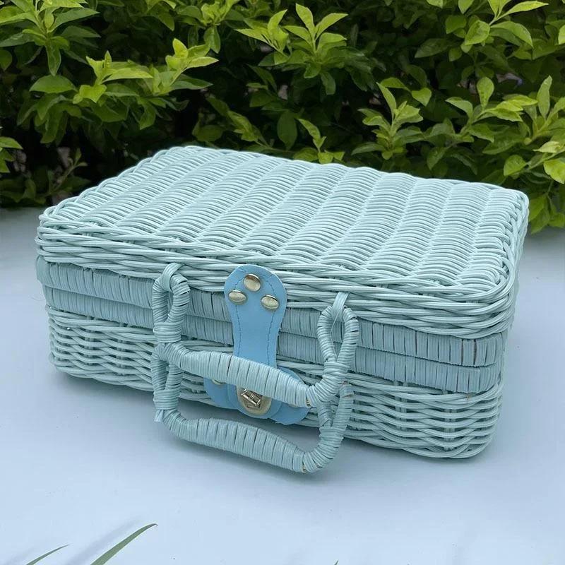 Rattan-like Finishing Box Woven Rattan Basket Retro Storage Box Decorative Props Suitcase with Hand Gift Box