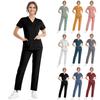 Women's Short Sleeve V Neck Solid Color Chest Pocket Work Top Elastic Waist Pants Two Piece Work Set,3 Pockets,Scrubs Tops For Women