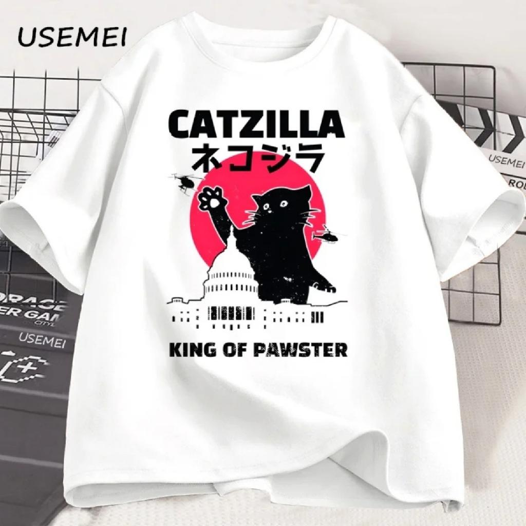 Взрослая футболка Catzilla King of Pawster для мужчин и женщин, смешная футболка с кошкой, футболка с котенком, хлопковая, с коротким рукавом, повседневная мужская одежда