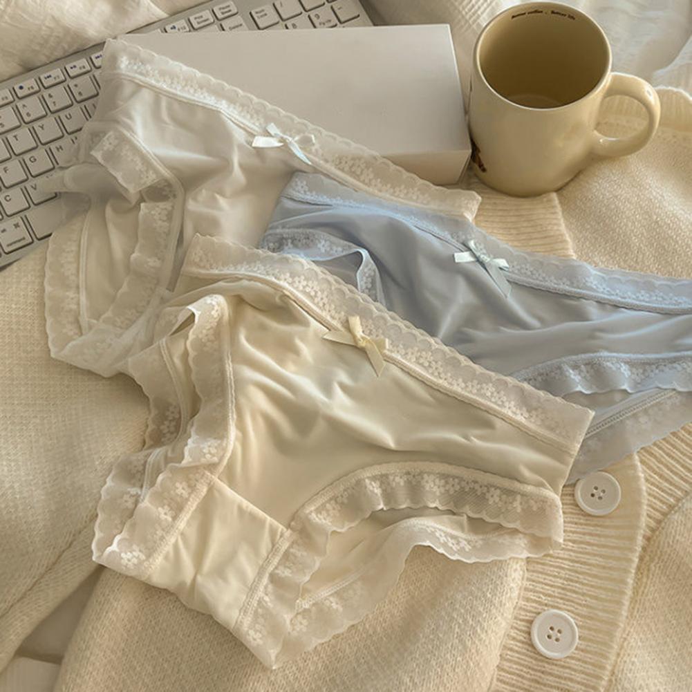 Women Panties Seamless Lace Bow Decor Soft Solid Color Elastic Thin High Waist Quick-drying Breathable Anti-septic Lady Underpan