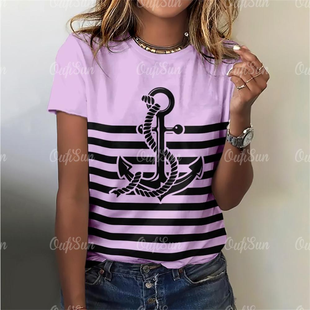 2024 новая стильная футболка для женщин, топ с принтом якоря, летние футболки большого размера для женской одежды, женская мода с круглым вырезом, большие размеры