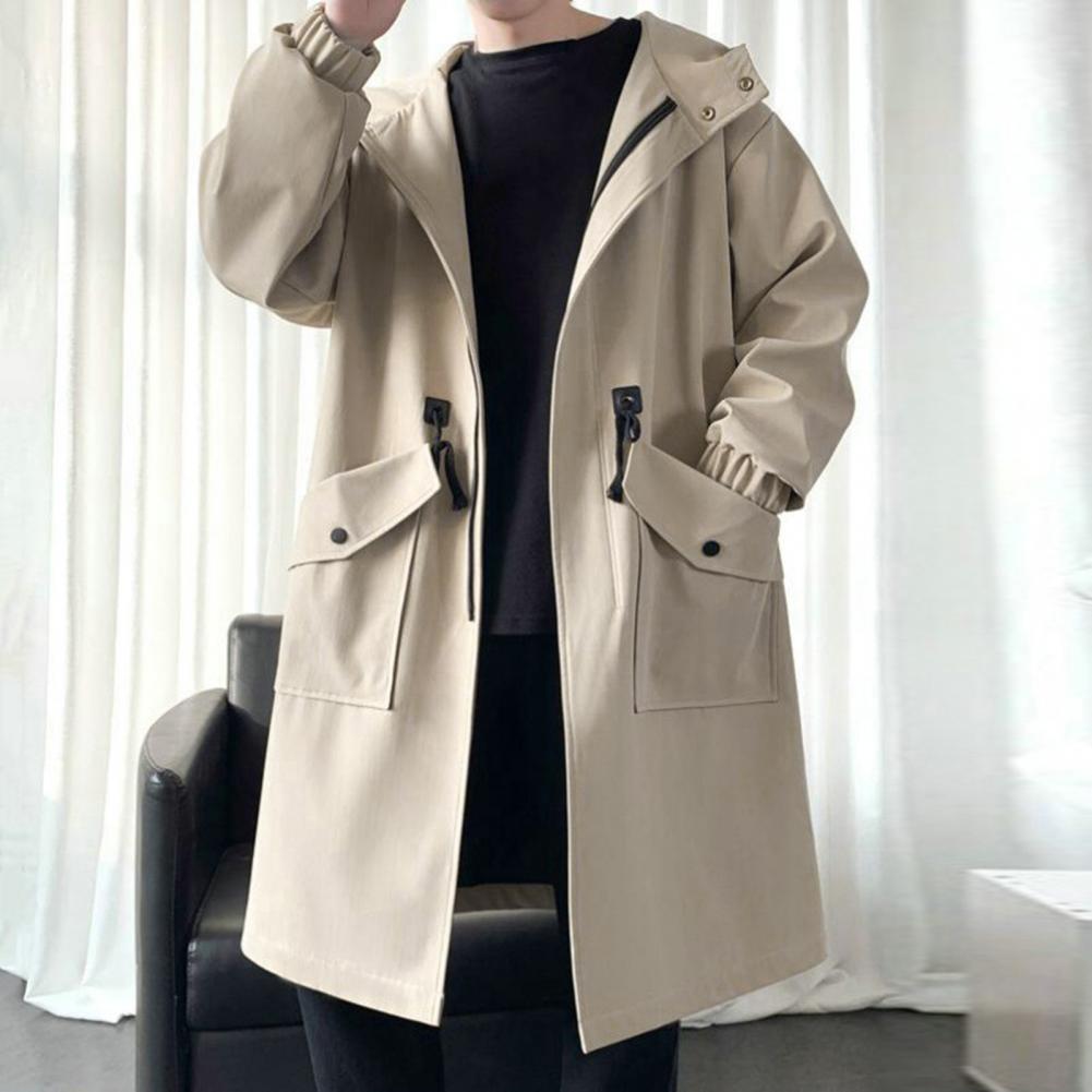 Men Trench Coat Hooded Loose Mid Length Big Pockets Long Sleeve Windproof Solid Color Zipper Closure Anti-wrinkle Elastic Cuff S