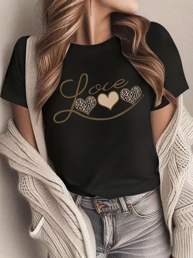Popular Choice Women'S Casual Round Neck T-Shirt Regular Fit Leopard Print Heart Design Suitable for Summer T-Shirt
