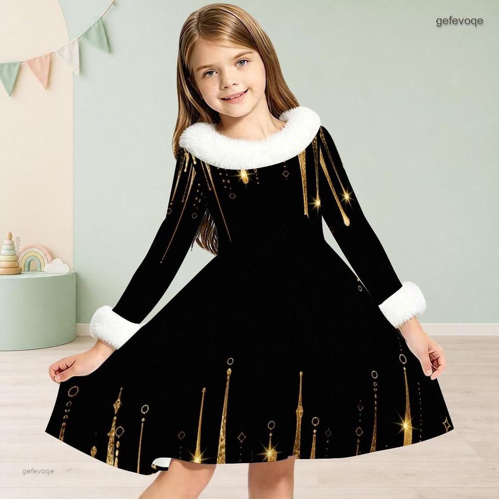 Girls Black Printed High Neck Long Sleeve A Line Flared Dress With White Fur Trim