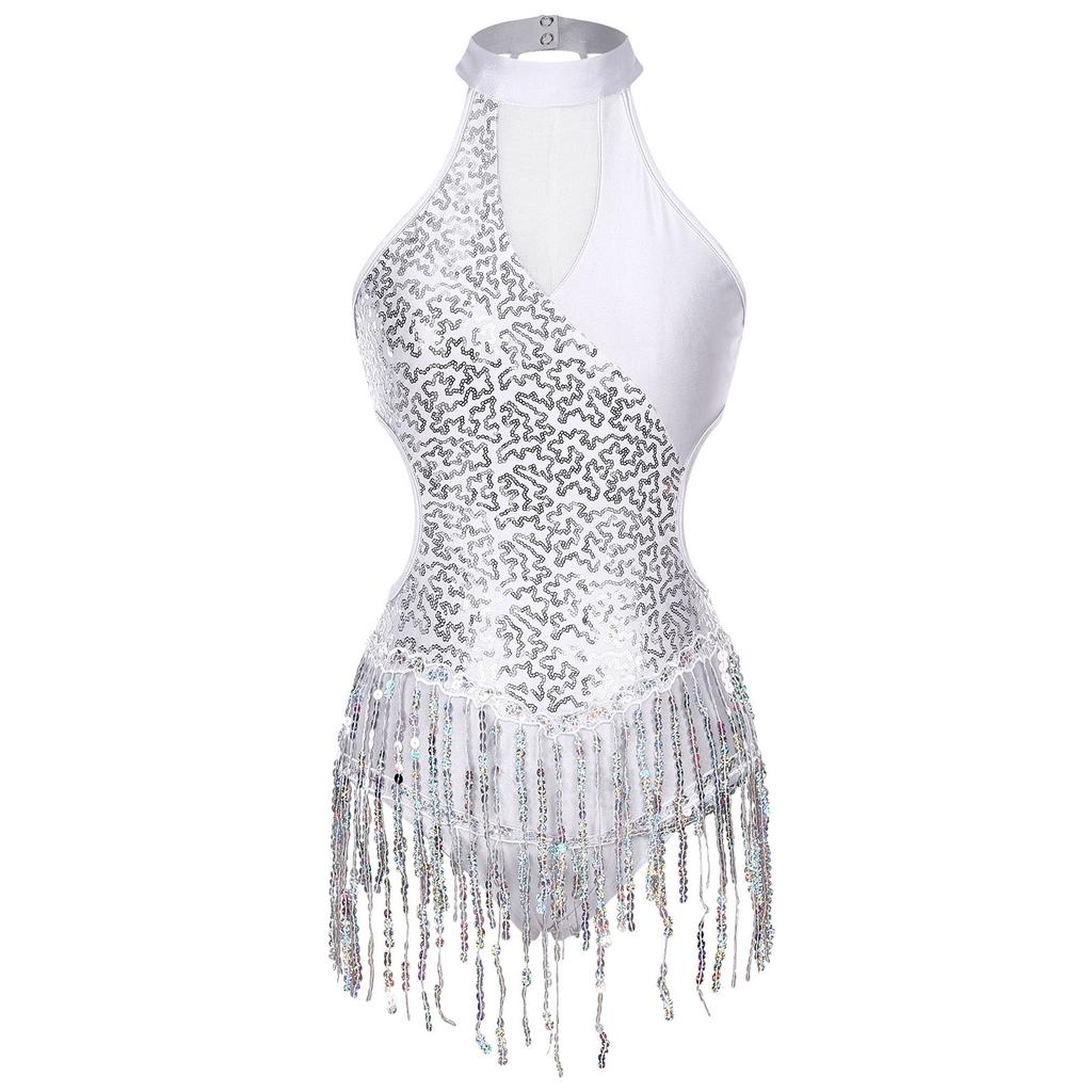 Womens Latin Dance Costume Sparkling Sequin Color Block Patchwork Bodysuit Sleeveless Fringed Leotard