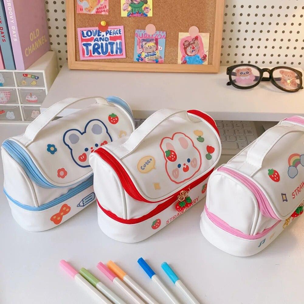 Kawaii школьный пенал для девочек, канцелярские принадлежности, пенал-органайзер, корейская клубника, коробка для ручек на двух молниях, милая сумка большой вместительности