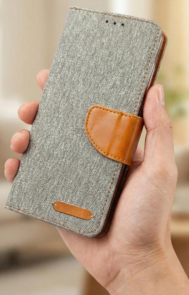 Etui Typu Portfel Do Samsung Galaxy A16 5G / A16 4G - Szary Pokrowiec Canvas + Szkło