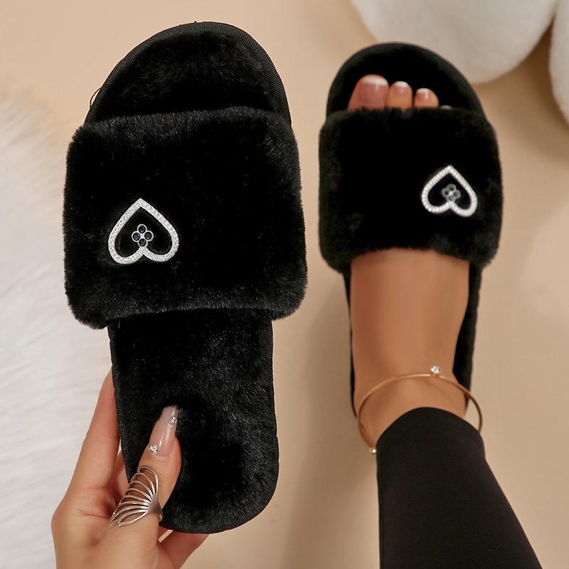 Fashion Crystal Butterfly Decor Fur Slippers for Women Cozy Flat Heels Plush Indoor Slippers Woman Open Toe Non Slip Fluffy House Shoes