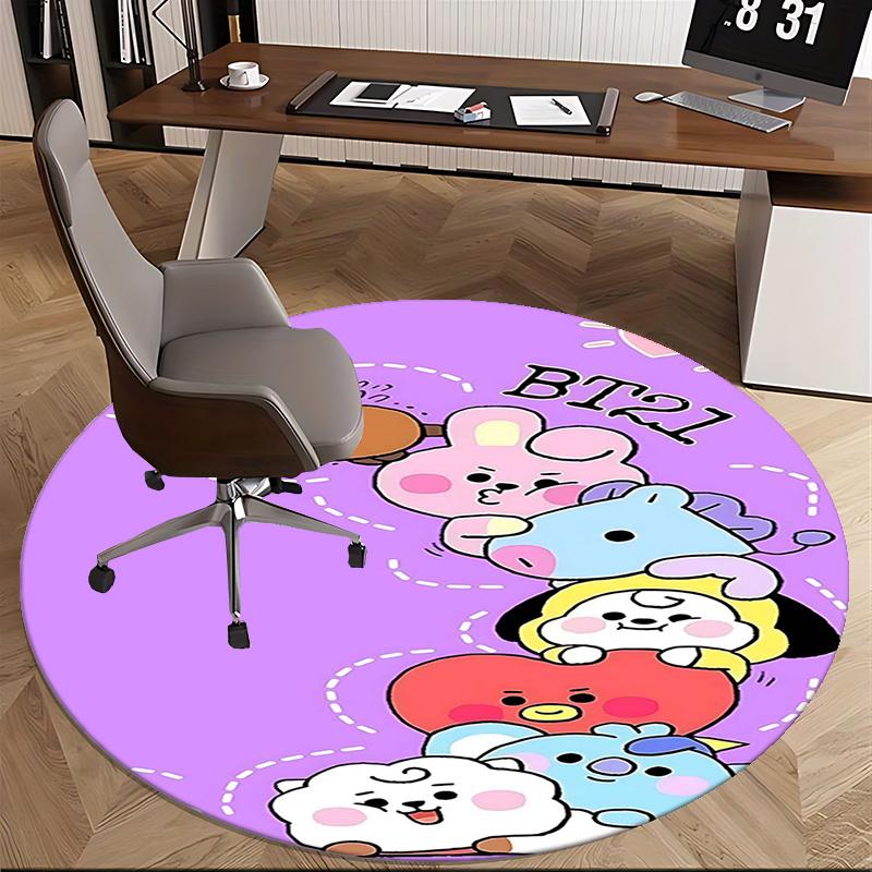 BT21 K-Pop Коврик для стула Круглый ковер-Ковер для офиса, Машинная стирка, Нескользящий, Подходит для гостиных, спален