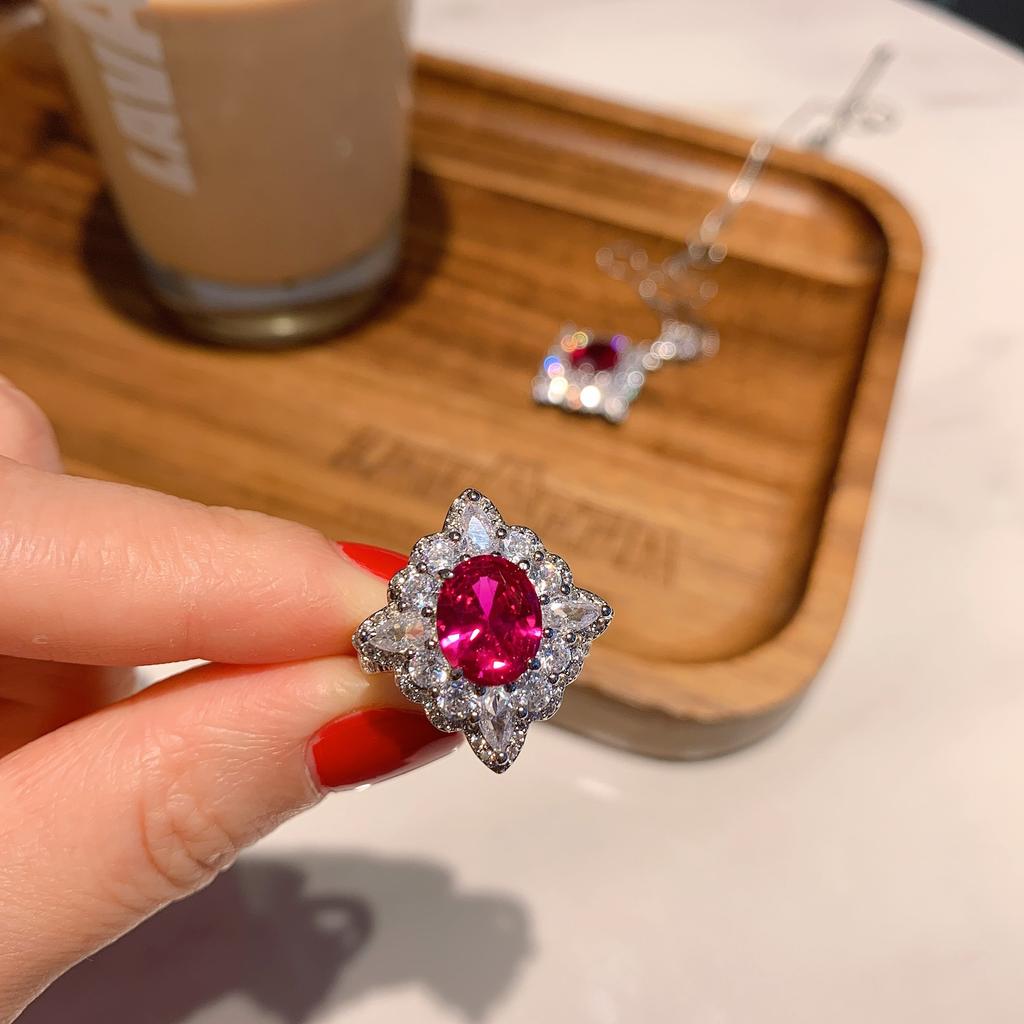 Jewelry Popular Simulation Red Glass Pendant Necklace Main Stone 10 * 12 Ring 8 * 10 Set