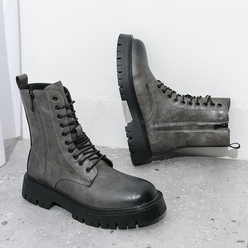 Black Ankle Boots for Men Lace-up Zipper Pu Safety Shoes Motorcycle Boots Gray Brown Platform Boots