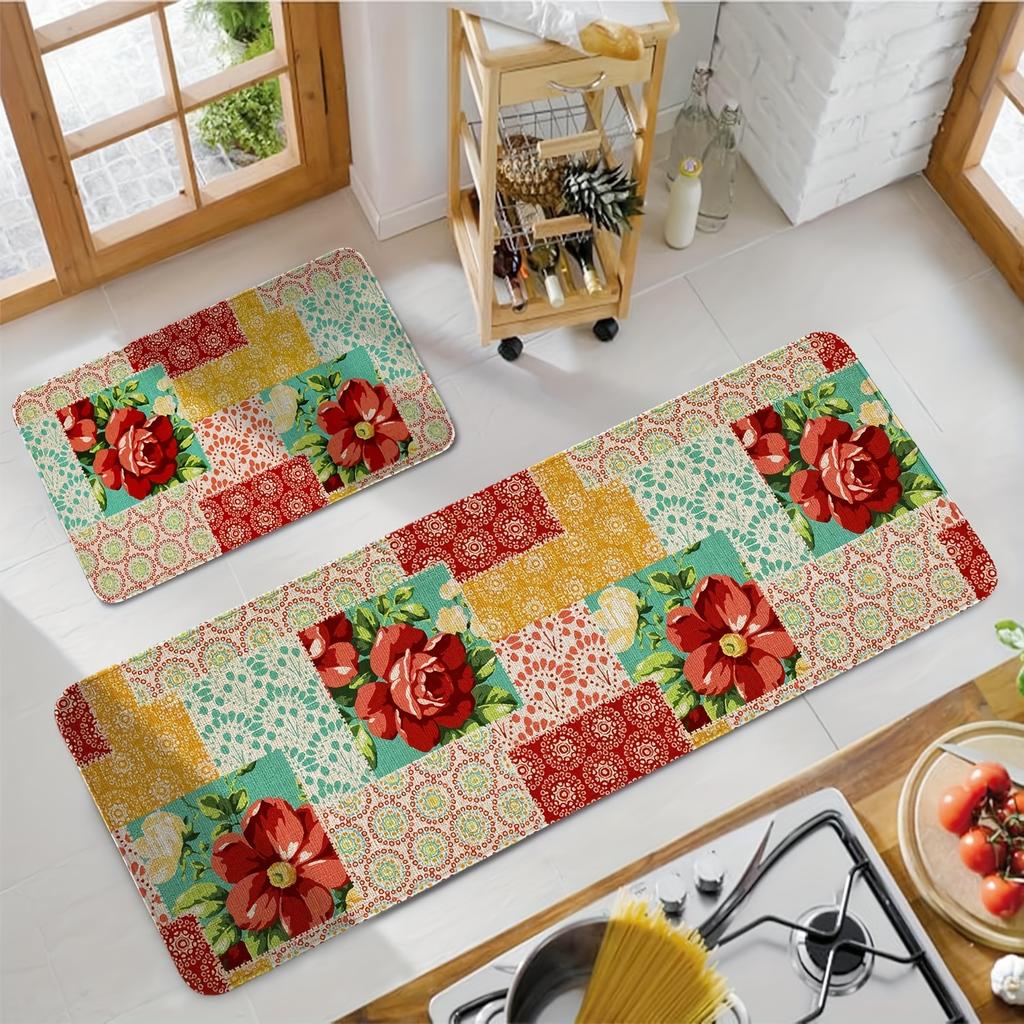 1Pcs Anti Fatigue Kitchen Rugs, Floral Print Waterproof Non-Slip Thick Cushioned Kitchen Mat Heavy Duty Comfort Standing Mat for Kitchen
