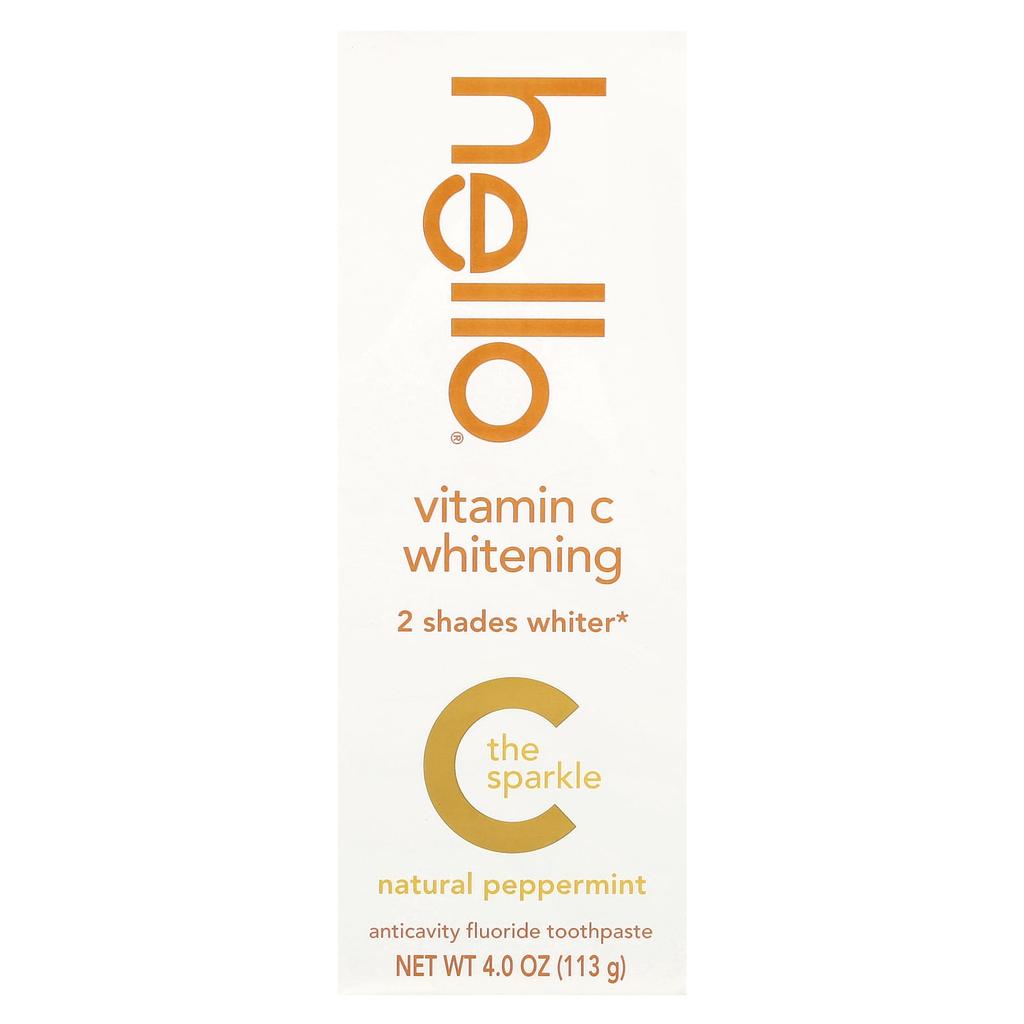 Hello Vitamin C Whitening, Cavity Prevention Fluoride Toothpaste, Natural Peppermint, 113g (4oz)