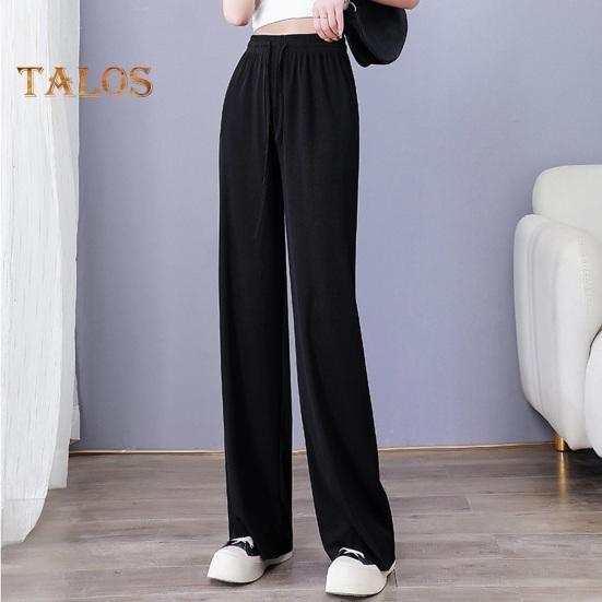 Elastic Pants Casual Women Waist Adjustable Drawstring Solid Color Long Trousers Ice Silk Wide Leg Draped Pants Streetwear