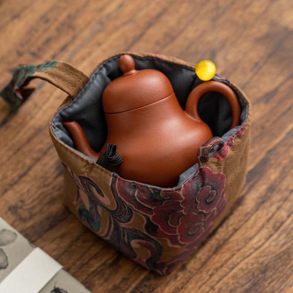 Retro Tea Cup Storage Bag Interwoven Silk Brocade Handbag Printing Teapot Cloth Pouch Camping