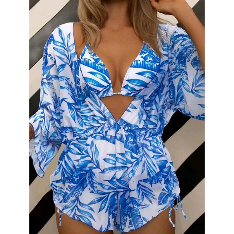 Комплект бикини из 3 предметов, женский купальник с длинными рукавами и тропическим принтом, купальник с лямкой на шее, пляжная одежда, купальный костюм