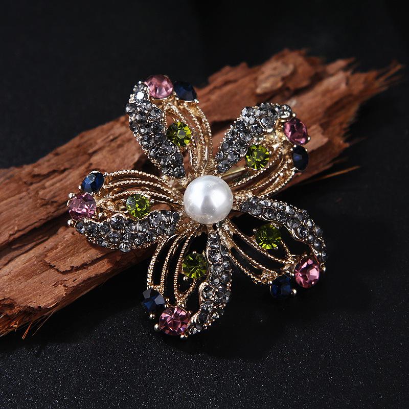 Luxury Vintage Crystal Color Gemstone Ribbon Flower Alloy Brooch Pin Corsage Accessories Brooch