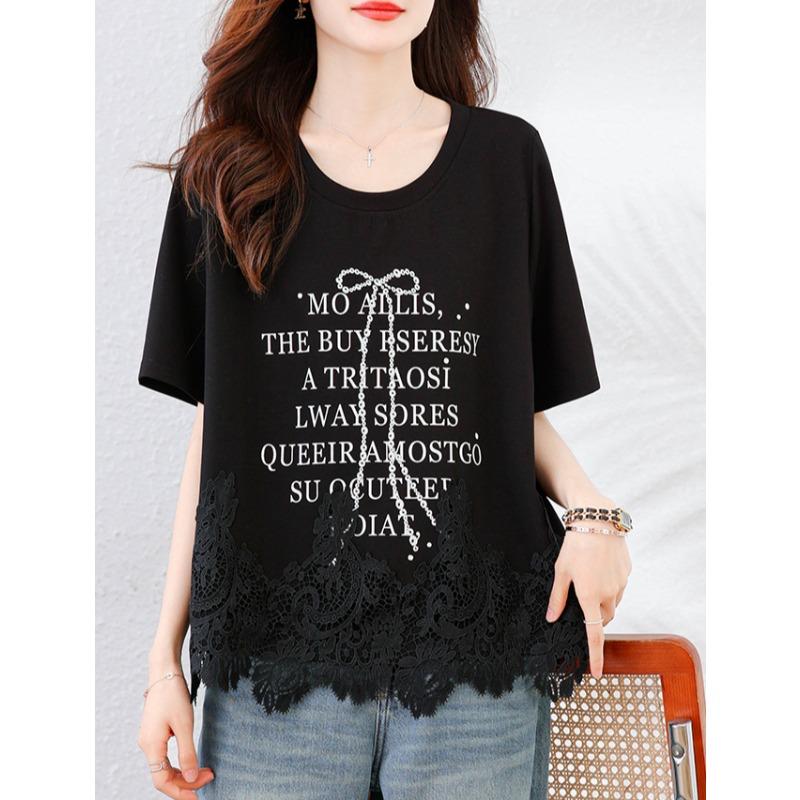 Dimanaf 2025 Новые летние футболки больших размеров с коротким рукавом и круглым вырезом, однотонные свободные черные кружевные топы, футболки