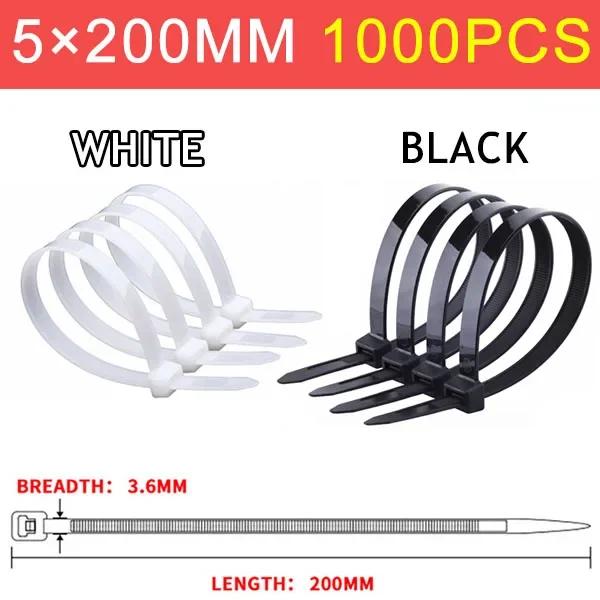 1000Pcs 5X300mm Self-locking Nylon Plastic Tie White/Black Cable Tie Fastening Ring 3X200mm Wraps Strap Zip Tie