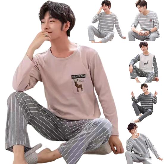 2 шт./компл., мужская домашняя одежда, прямые, широкие, теплые, эластичные, с простым полосатым принтом, мужские мягкие осенние пижамные комплекты, повседневная одежда