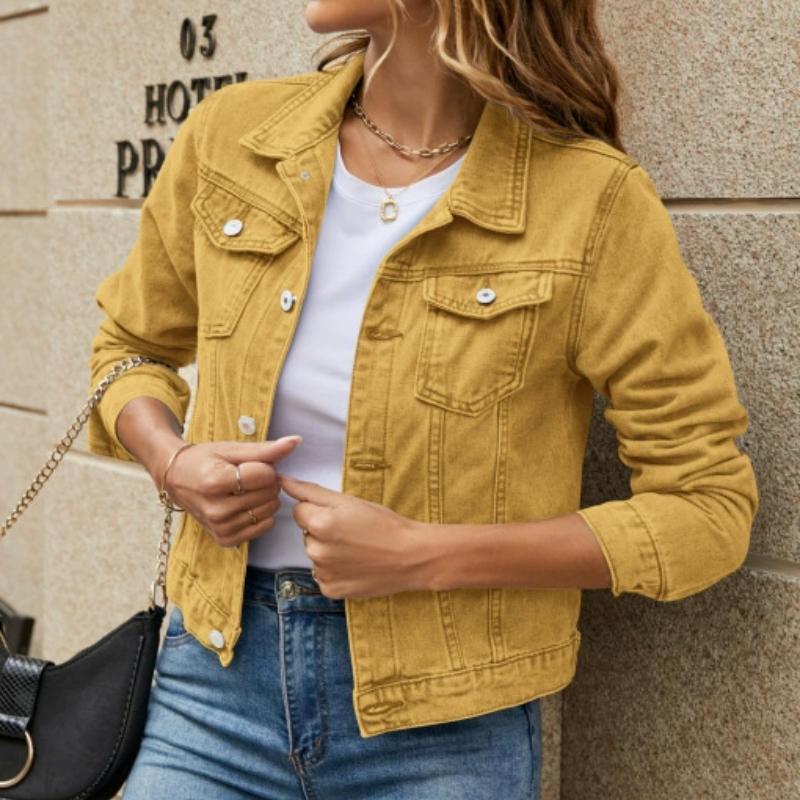 Женская модная тенденция с карманами на лацканах, однобортная короткая джинсовая куртка