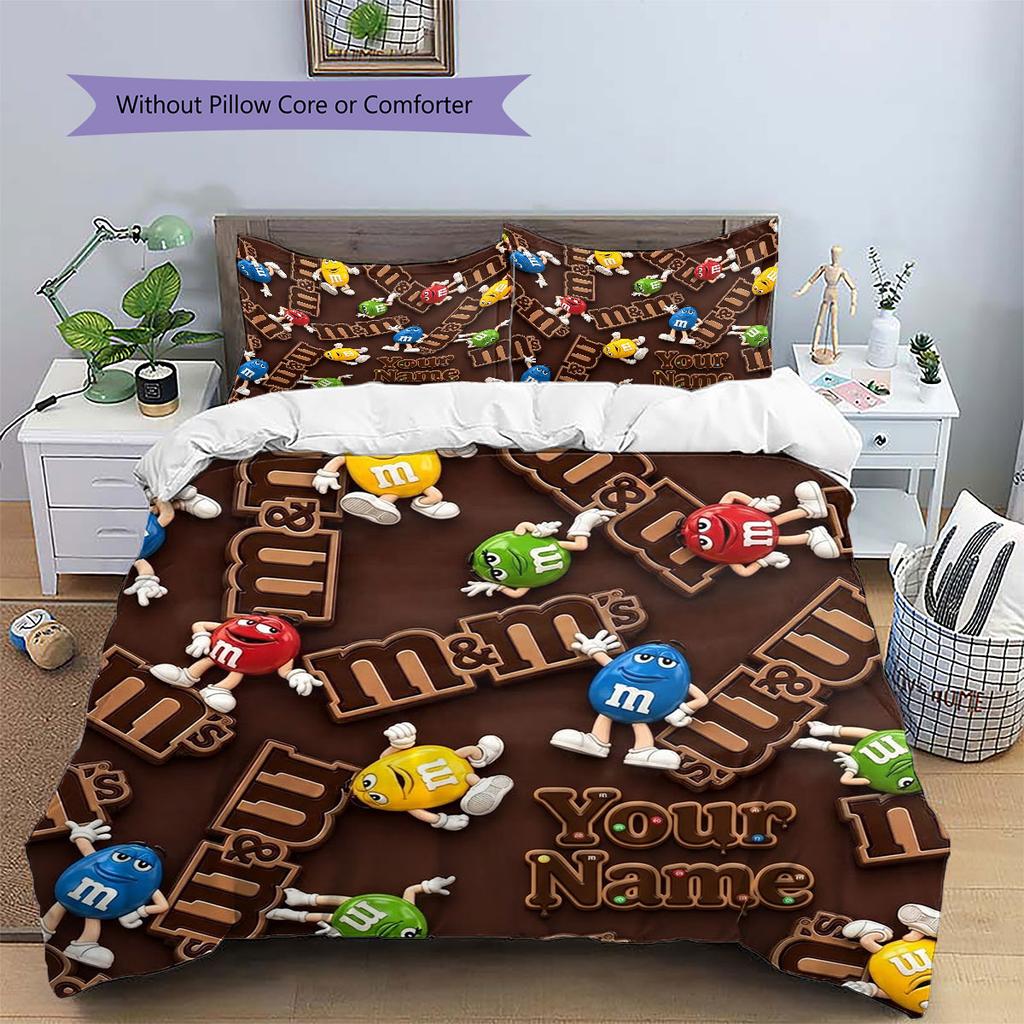 M&M's Custom Name Pattern Bedding,Quilt Set Quilt Cover Pillowcase Home Birthday Gift(1 * duvet cover + 2 * pillowcase, without core)