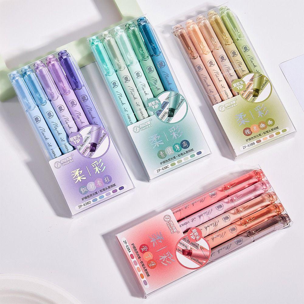 5pcs Pastel Colors Fluorescent Pen Dual Tip Colored Mark Pen Smudge-Proof Drawing Pen Student Use
