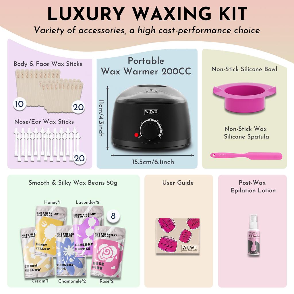 Wuwuvista Набор для депиляции воском 63 шт., идеальный подарочный набор - твердый воск для удаления волос с подогревателем для воска, восковые шарики для депиляции лица/бразильской эпиляции/всего тела/бикини/чувствительной кожи