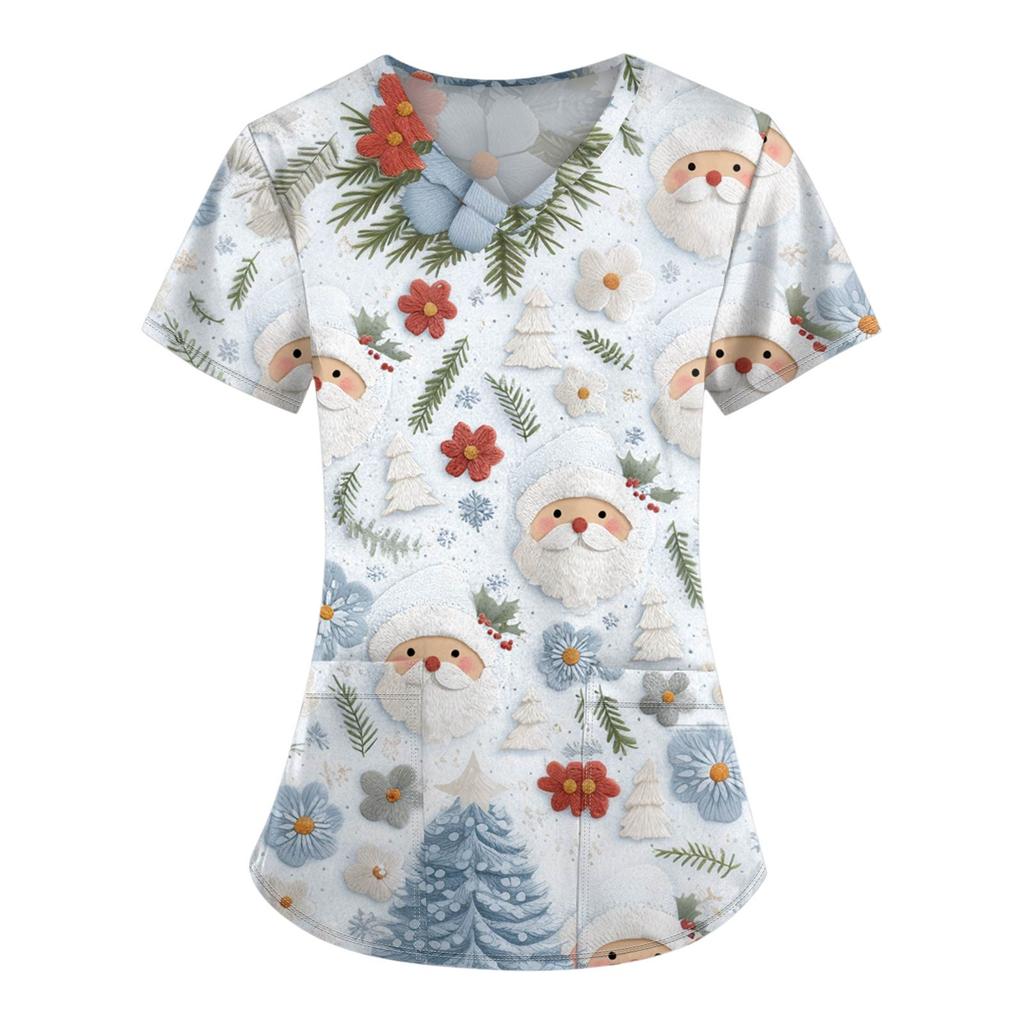 Женские топы с короткими рукавами и v-образным вырезом с рождественским принтом, рабочая блузка с карманами