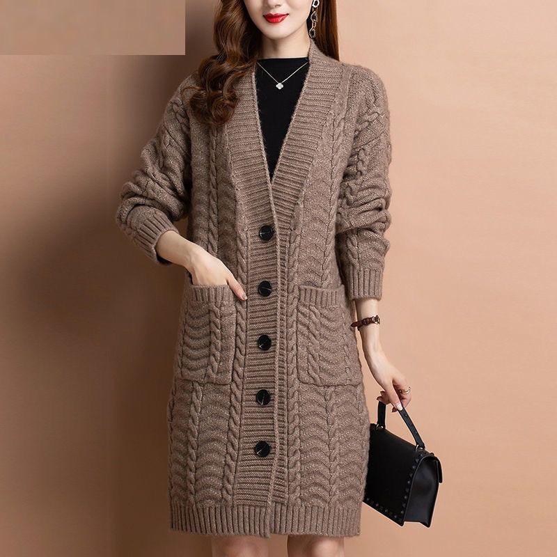 Women's Autumn and Winter Loose Literary Medium-length Sweater Solid Color Lazy Wind Knitted Cardigan Jacket