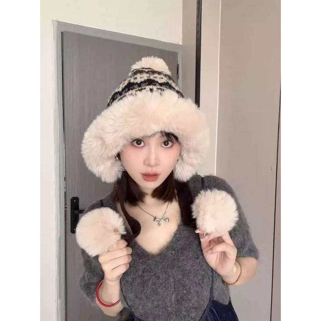 Autumn and Winter Women's Knitted Plush Hat, Thickened Lei Feng Hat, Women's Outdoor Cold Proof Fisherman Hat, Versatile Ear Protection Cover