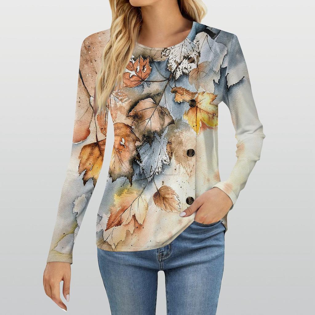 Women's Fashion Casual Round Neck Long Sleeve Printed T-Shirt Ladies Top