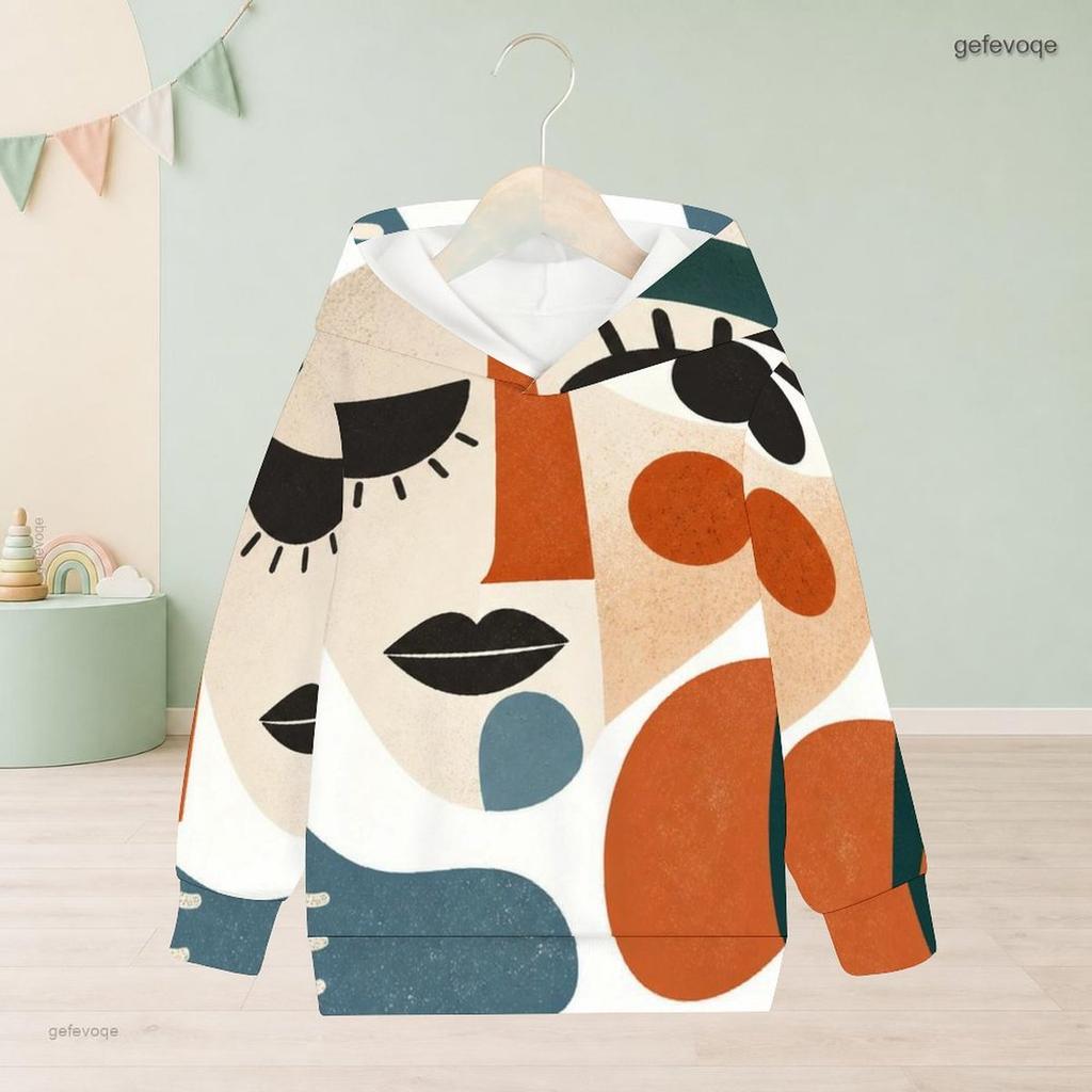 Girls Long Sleeve Hooded Pullover Abstract Leaf Printed Casual Sweatshirt