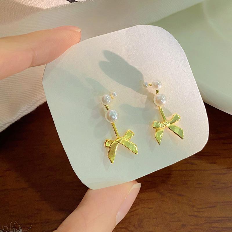 Милые серьги-гвоздики с жемчужным бантом для женщин, французские женские серьги-гвоздики сзади