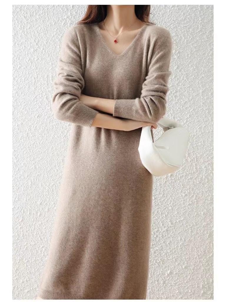 Autumn and Winter V-neck Knit Dress Women's Loose-fit High-end Feel Undercoat Long Dress French Style Coat for Ladies