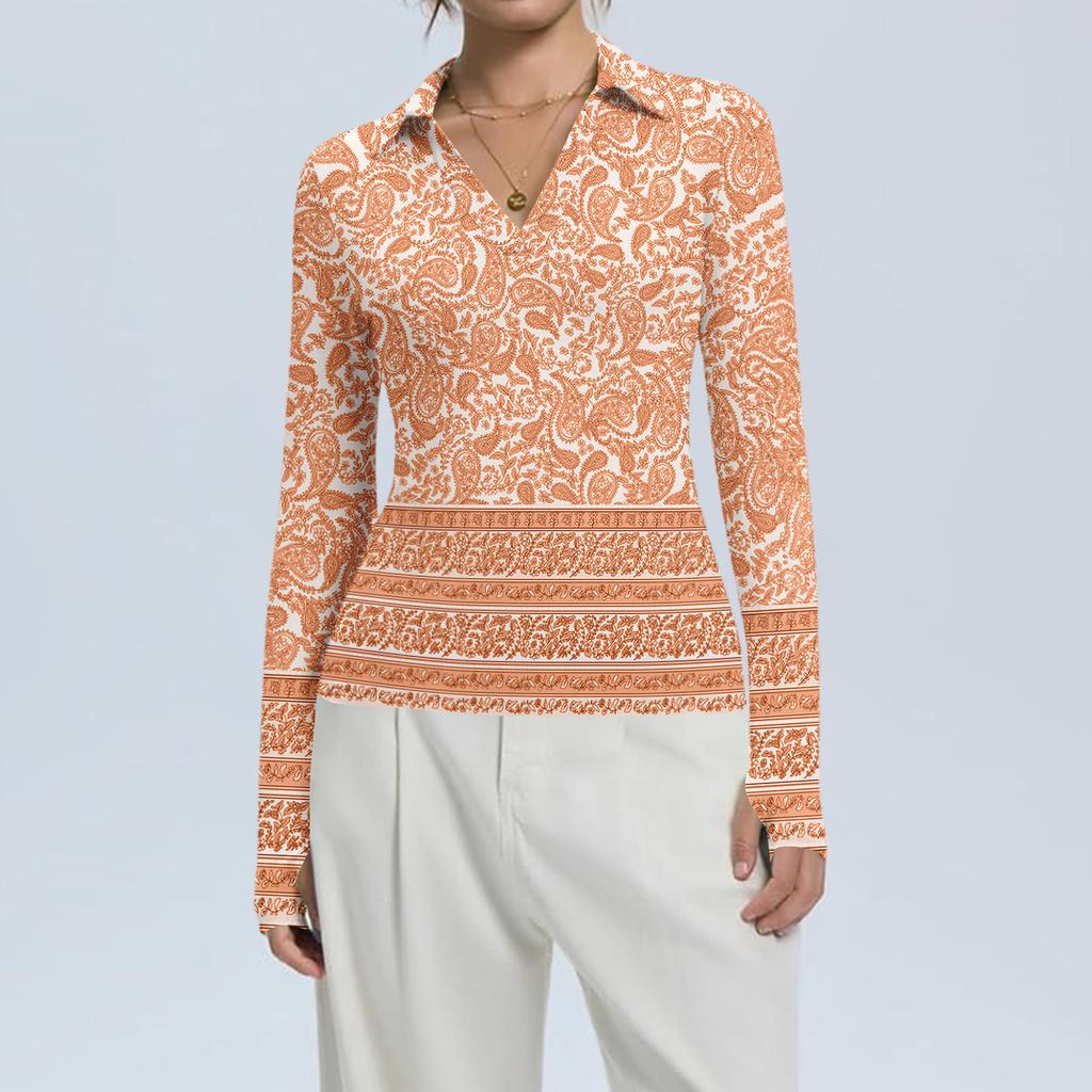 Women's Fashion Casual Print V-Neck Long Sleeve Button-Down Top