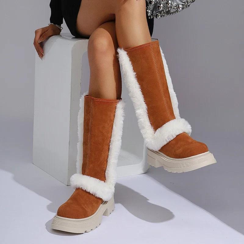 Женские меховые ботинки на платформе до середины икры, теплые ботинки на каблуке, зимняя мода 2025, новые модные повседневные ботинки на квадратном каблуке, Botas Mujer