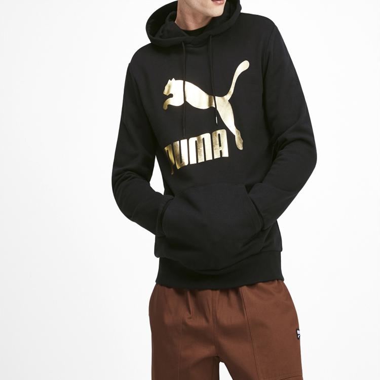 Puma Classics Gold Logo Knit Pullover Hoodie Men Tops Black 595907-51