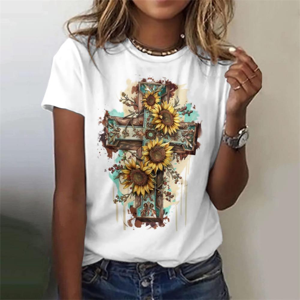 Футболка с рисунком креста Иисуса для женщин Футболки с 3D-принтом Священное христианство Летняя мода Уличные футболки с короткими рукавами Топы с круглым вырезом