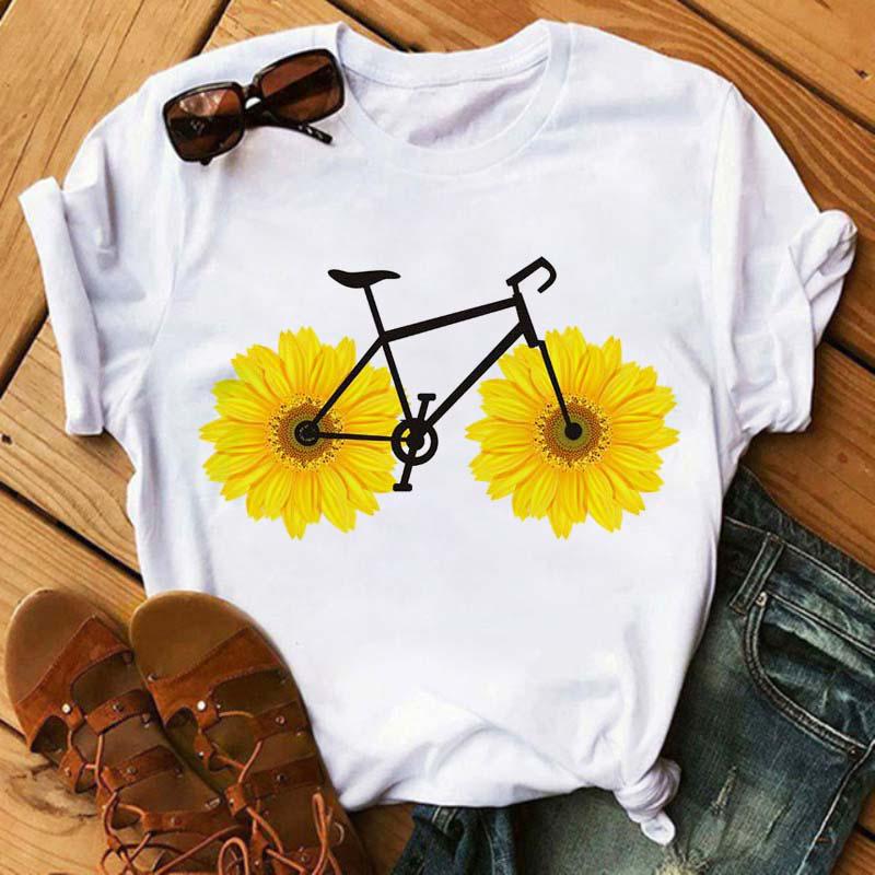 Funny Bicycle With Sunflower Women Tshirt Summer Harajuku Short Sleeve White T Shirts Cartoon Casual
