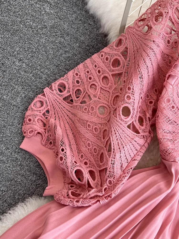 Pink Crochet Lace Hollow Out Embroidery Patchwork Pleated Dress New Summer Women O Neck Lantern Sleeve Slim Holiday Party Dress