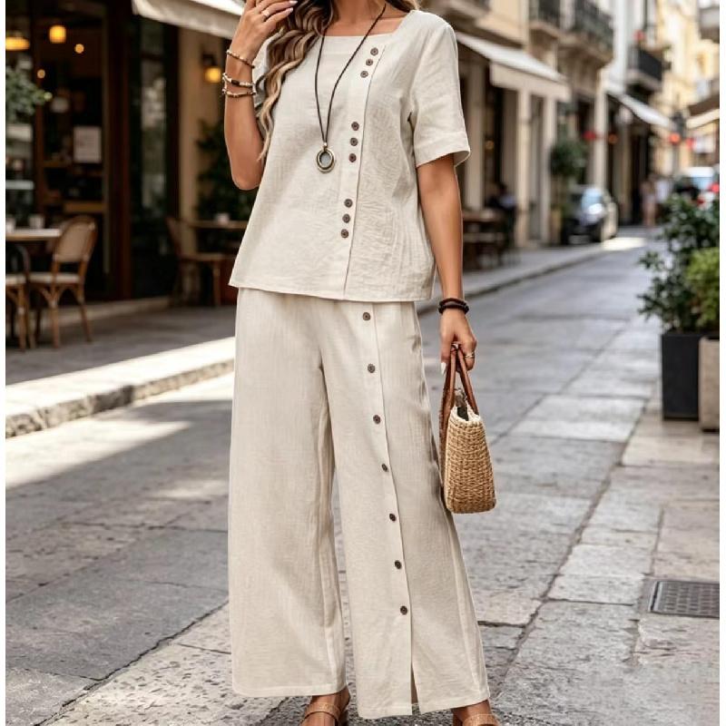Women's Fashionable Loose Round-neck Button Short-sleeved Shirt and Wide-leg Pants Set
